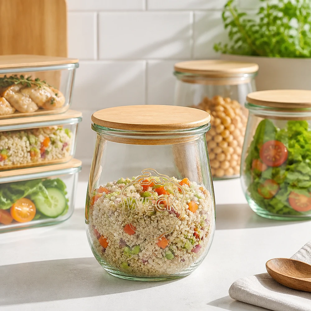 220ml Tulpenglas WECK RR60 mit Holzdeckel WECK Tulpenglas 220ml RR60 Holzdeckel für Meal Prep - Vorratsglas mit Quinoa-Gemüse-Salat in moderner Küche