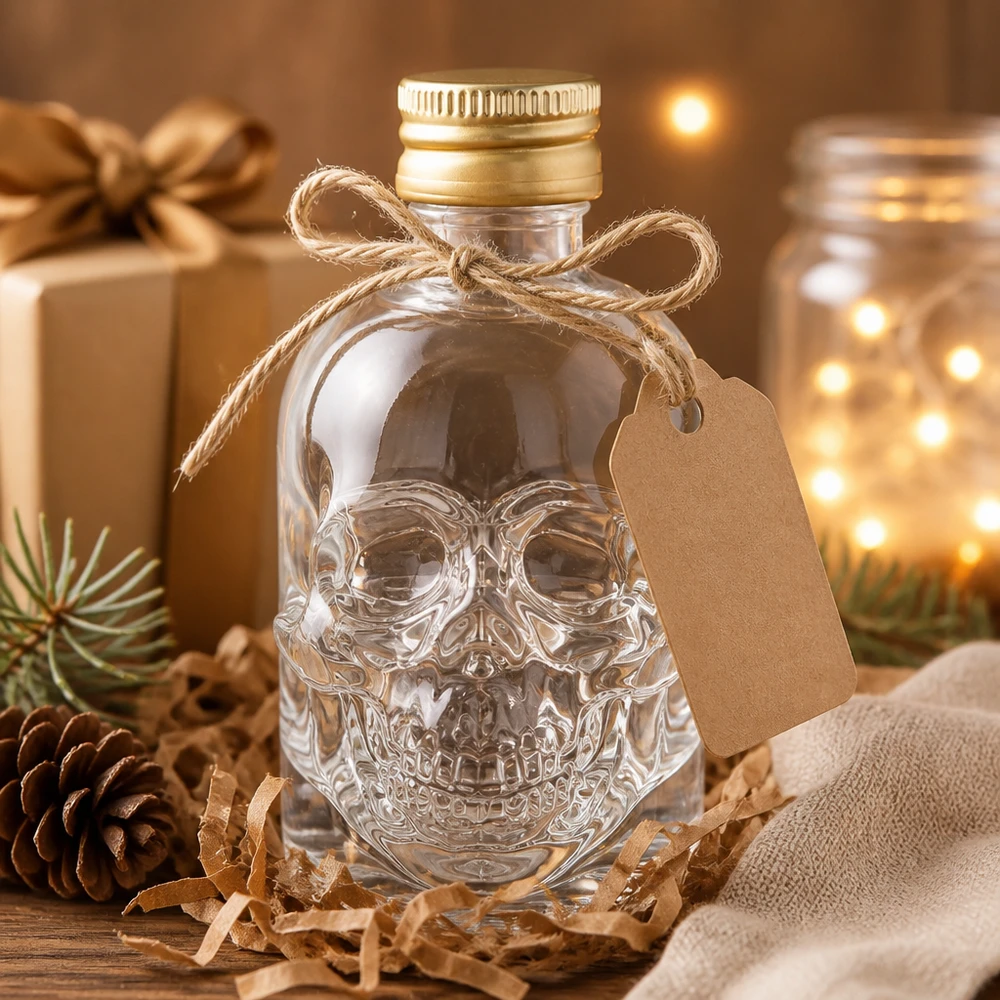 50ml Glasflasche Hector mit markanter Totenkopf-Struktur für exklusive Spirituosen-Präsentation