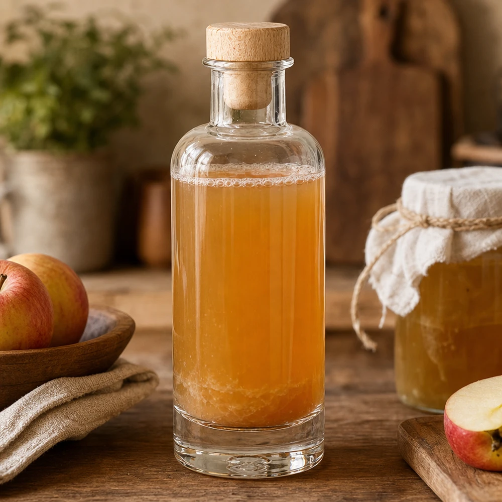 200ml Glasflasche Ella mit Holzkorken gefüllt mit Apfelessig neben frischen Äpfeln und Honigglas in rustikaler Küche