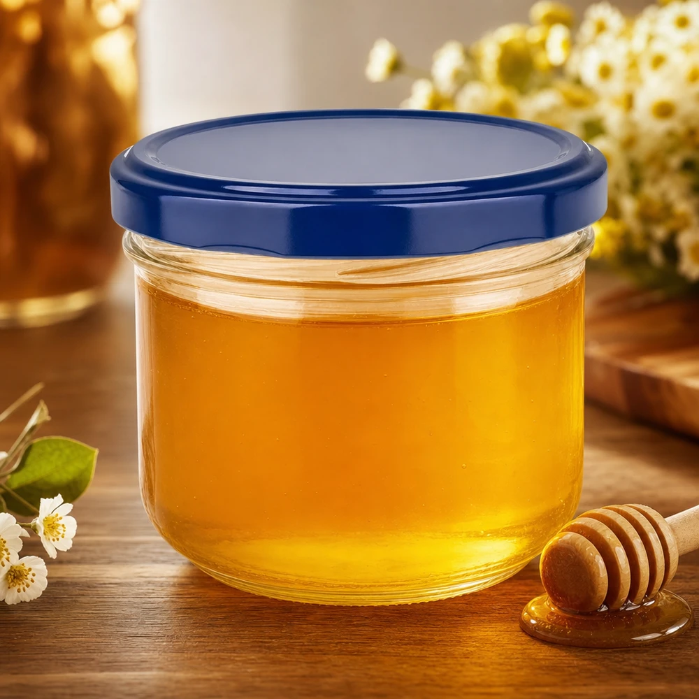 260ml Sturzglas mit blauem BasicSeal Deckel gefüllt mit Honig - ideales Twist-off Glas für Marmelade und Aufstriche