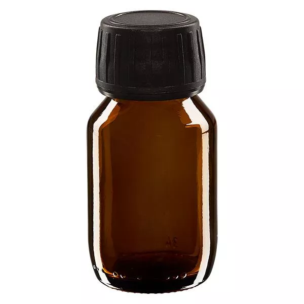 50ml Medizinflasche braun, Verschluss schwarz mit Originalitätsring ApoGlas