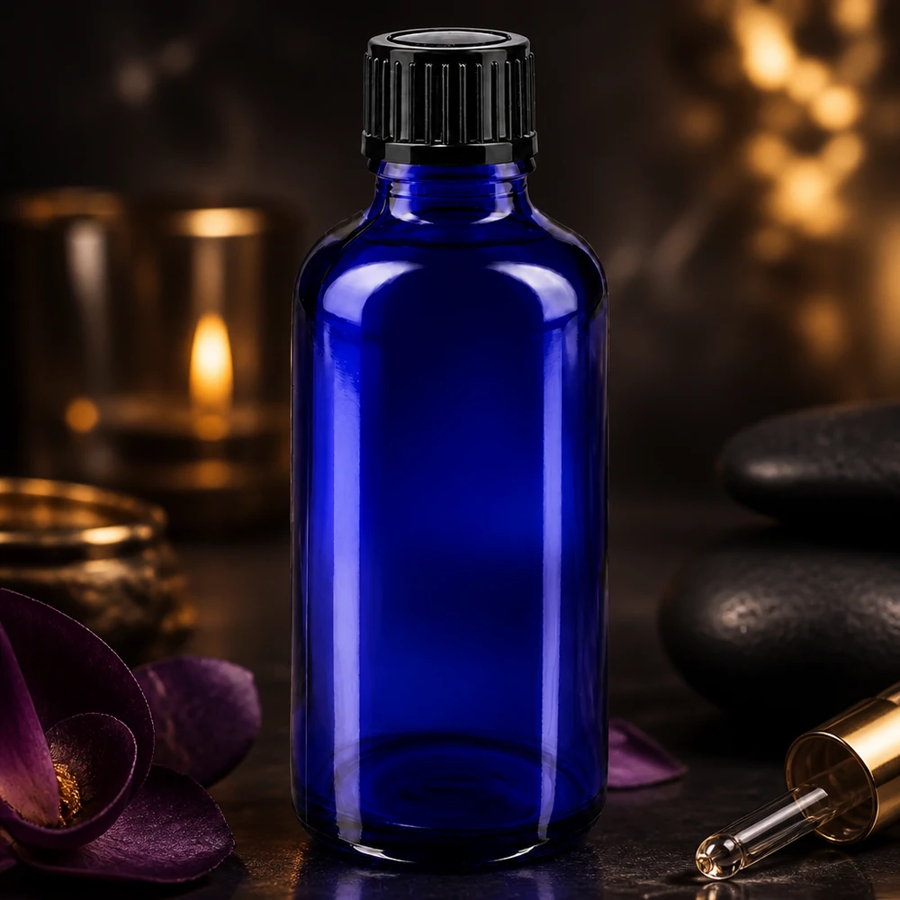 Royalblaue Glasflasche 50ml für ätherische Öle mit schwarzem 11mm Schraubverschluss