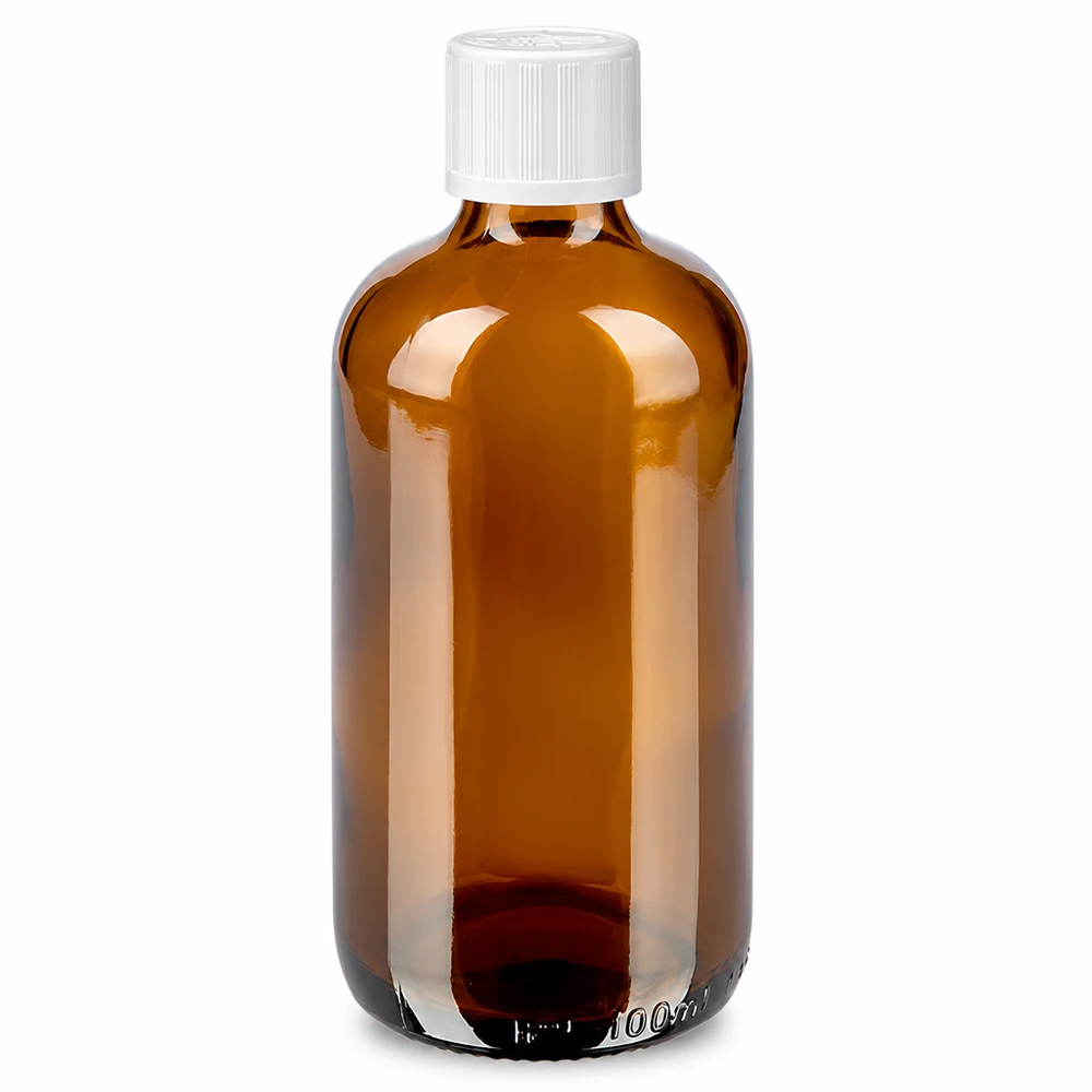 Apothekenflasche braun 100ml Schraubverschluss weiß Kindersicherung Standard Apothekenglasflasche aus braunem Glas 100ml mit weißem KiSi Schraubdeckel 11mm