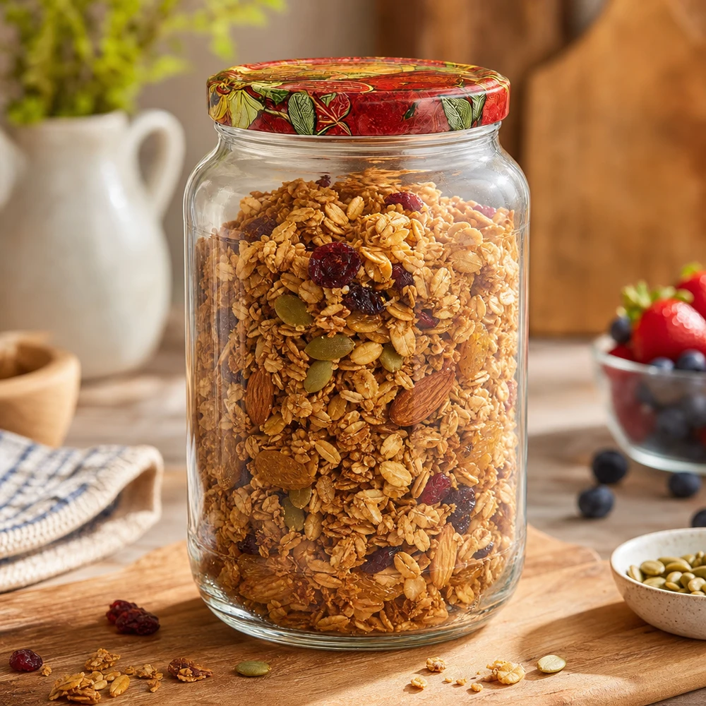 1062ml Rundglas BasicSeal Deckel Obst-Dekor gefüllt mit Müsli Granola Nüsse Trockenfrüchte Frühstück Vorratsdose