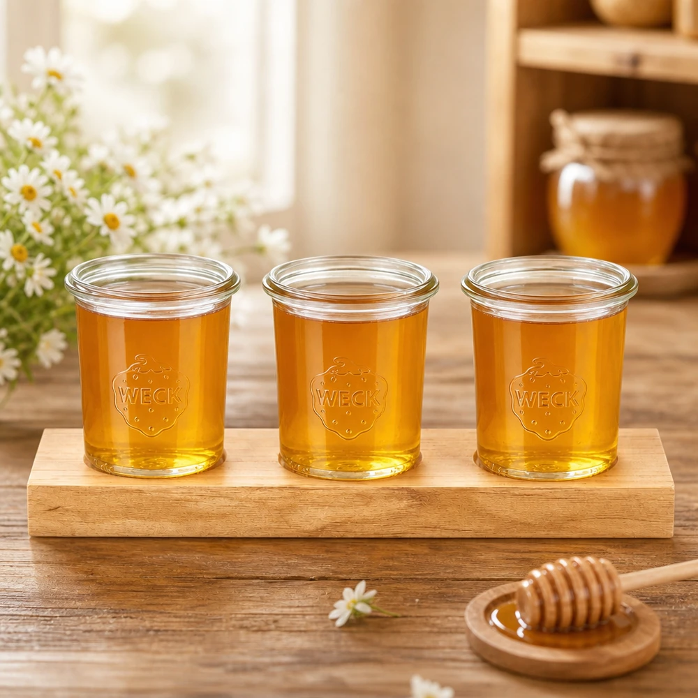 Drei Weck Sturzgläser 160ml mit goldenem Honig auf Servierbrett Plano3 neben Honiglöffel und Blütendeko