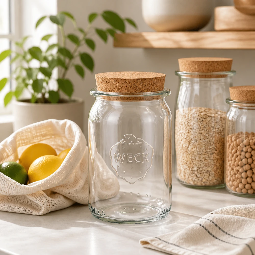 145ml Zylinderglas WECK RR40 mit Korken natur WECK 145ml Zylinderglas RR40 leer mit Korkdeckel in nachhaltiger Zero-Waste Küche neben Hülsenfrüchten und Zitrusfrüchte
