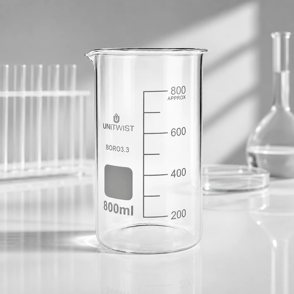 Becherglas 800ml Borosilikat, hohe Form UNiTWIST Klares hitzebeständiges Becherglas 800ml hohe Form Borosilikat UNITWIST im professionellen Labor
