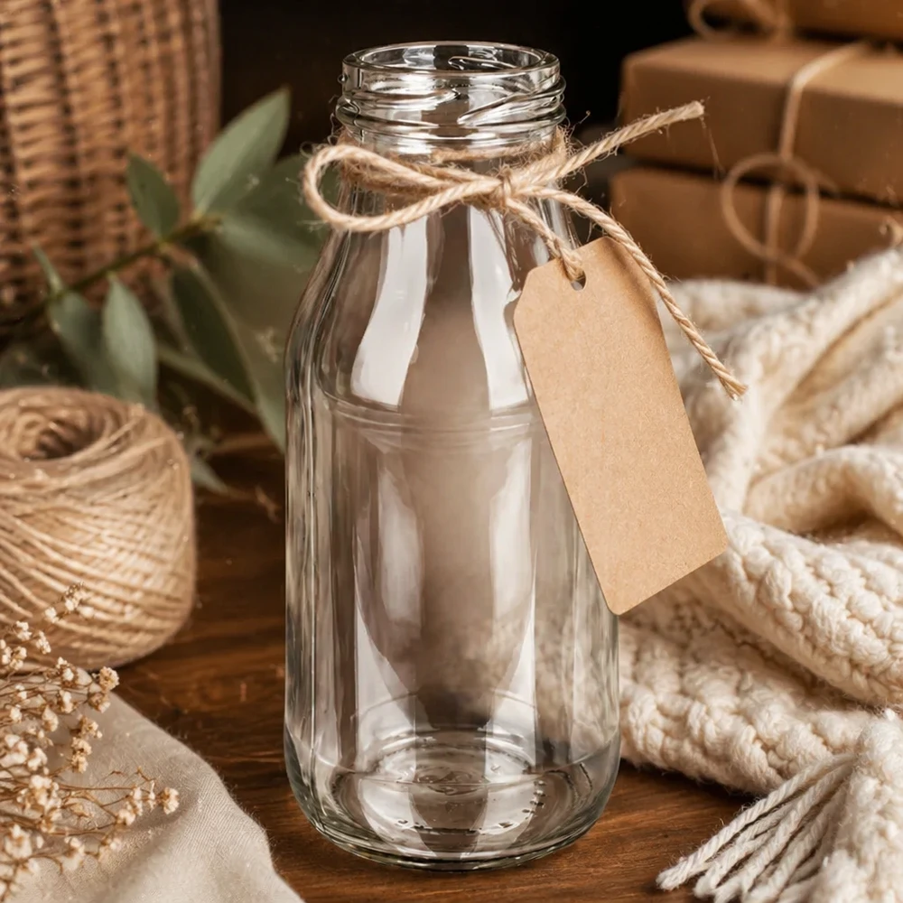 263ml Flasche ohne Deckel (TO43) UNiTWIST Glasflasche 263ml TO43 UNiTWIST Bottle263 mit Juteschnur und Anhänger auf Holztisch mit Dekoration