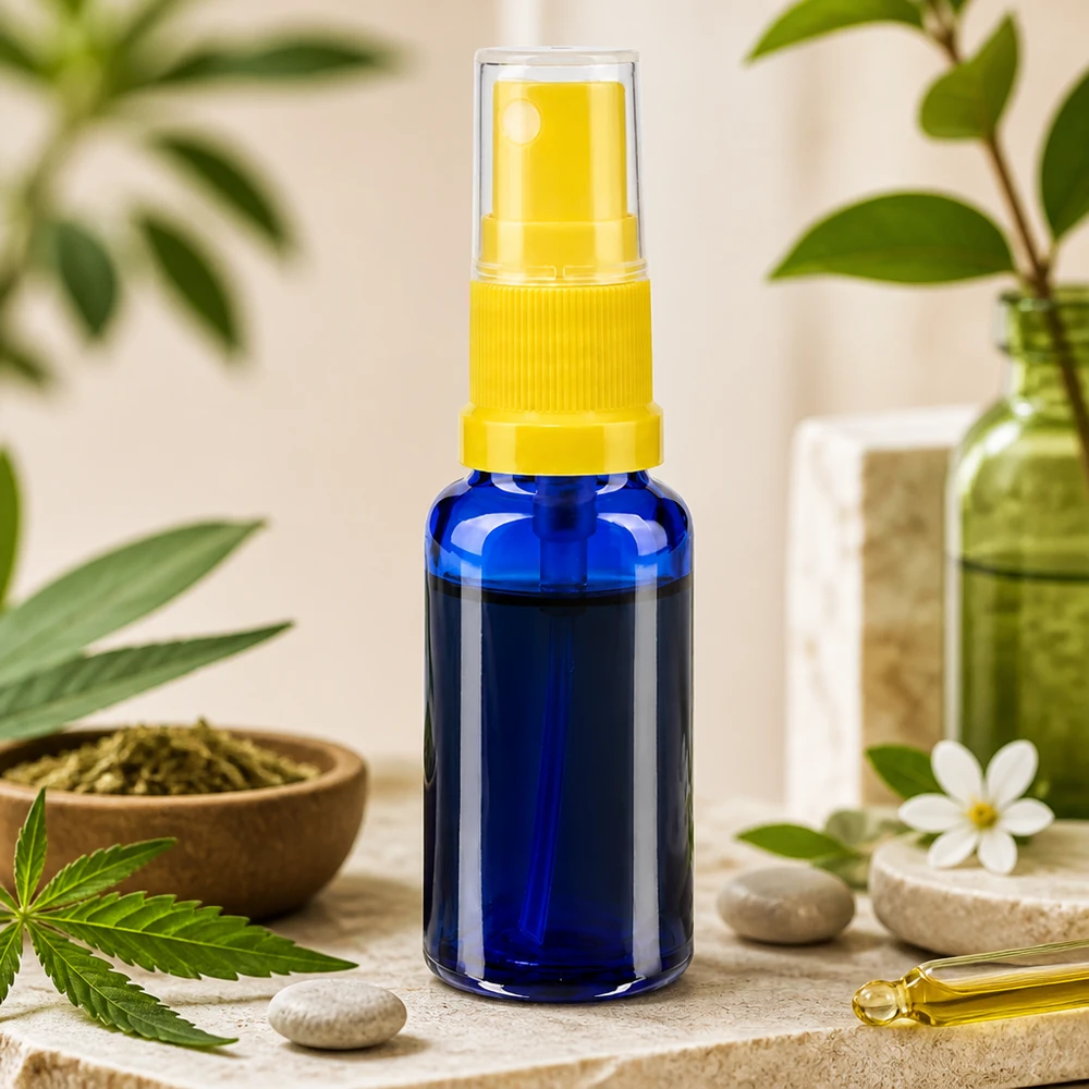 Miniatur Apothekersprayflasche blau 20ml gelber Aufsatz lichtgeschütztes Borosilikatglas
