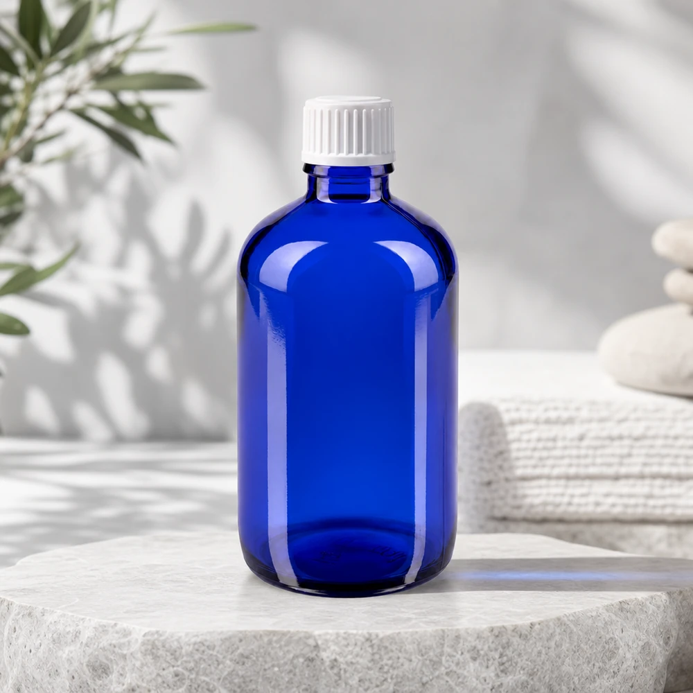 Apothekenflasche blau 100ml Schraubverschluss weiß Globuli Standard Apothekerflasche Blauglas 100ml schlankes Design weißer Verschluss Naturkosmetik