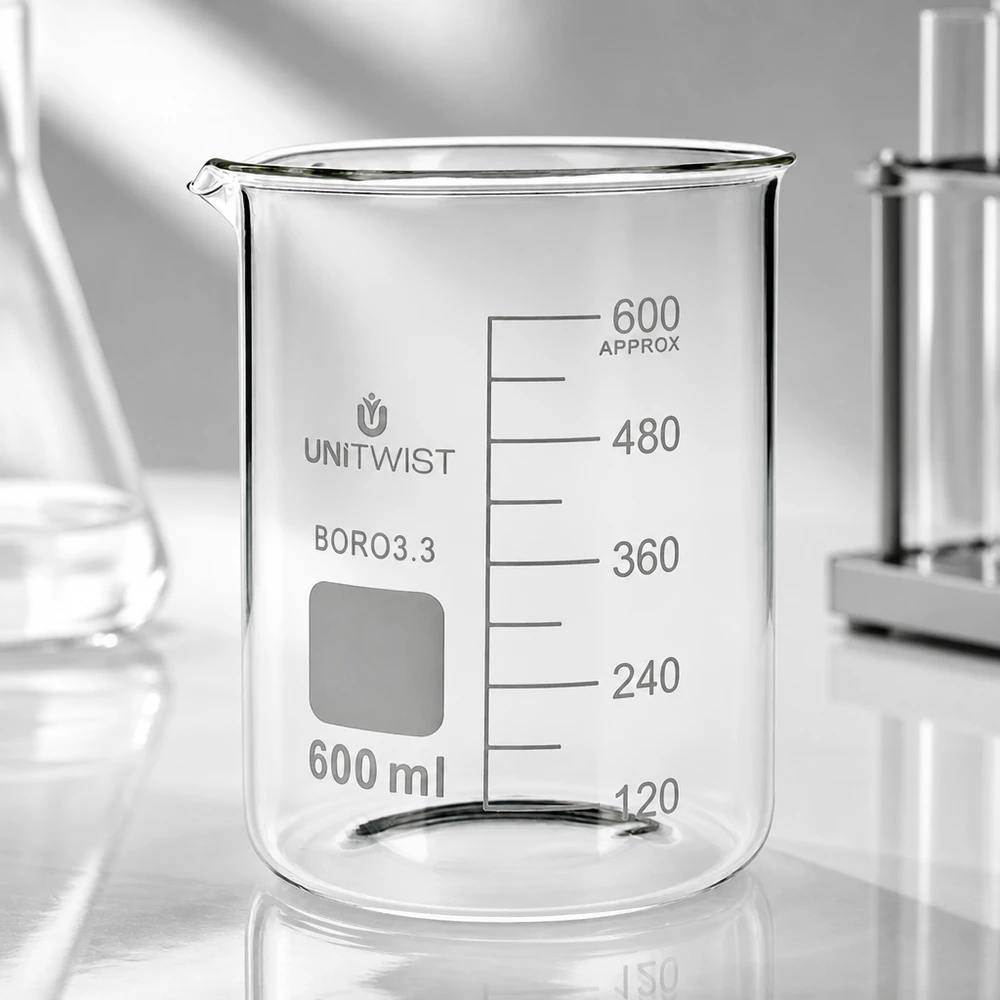 Becherglas 600ml Borosilikat, niedrige Form UNiTWIST Becherglas 600ml Borosilikat niedrige Form UNiTWIST mit rechteckigem Beschriftungsfeld und Skala