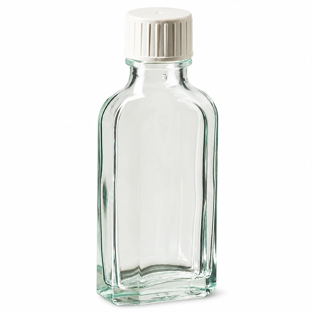 Meplat Klarglasflasche 50 ml mit kindersicherem Schraubverschluss und Gießring