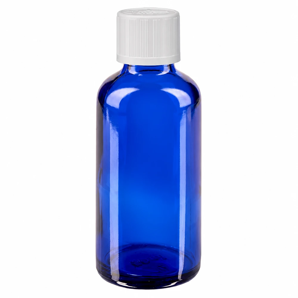 Apothekenflasche blau 50ml Tropfverschluss weiß Kindersicherung Standard Blaue UV-Schutz Glasflasche 50ml mit weißem Kindersicherheitsverschluss für Pharmazeutika