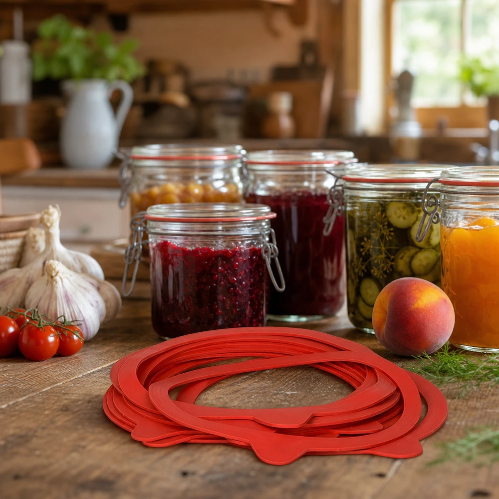 Einkochring Naturgummi RR120 Einkochring RR120 aus Naturgummi in rustikaler Küche mit Einmachgläsern und frischen Zutaten für das Einkochen
