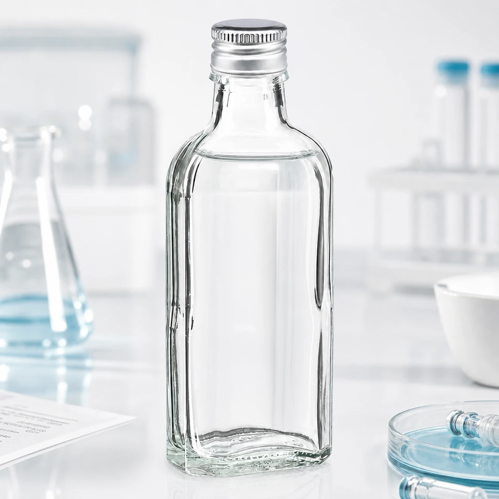 100 ml Meplat klar mit Alu Verschluss silber PP22 Leere 100ml Meplat Klarglasflasche mit silberfarbenem Aluminiumverschluss PP22 für Kosmetik