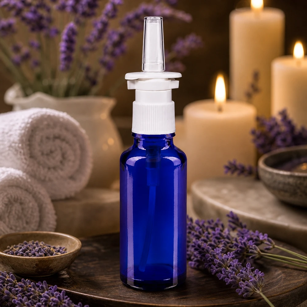 Apothekenflasche blau 30ml Nasenzerstäuber weiß Standard Lichtschutz-Nasensprayflasche 30ml aus blauem Glas mit weißem Pumpkopf und klarer Applikator