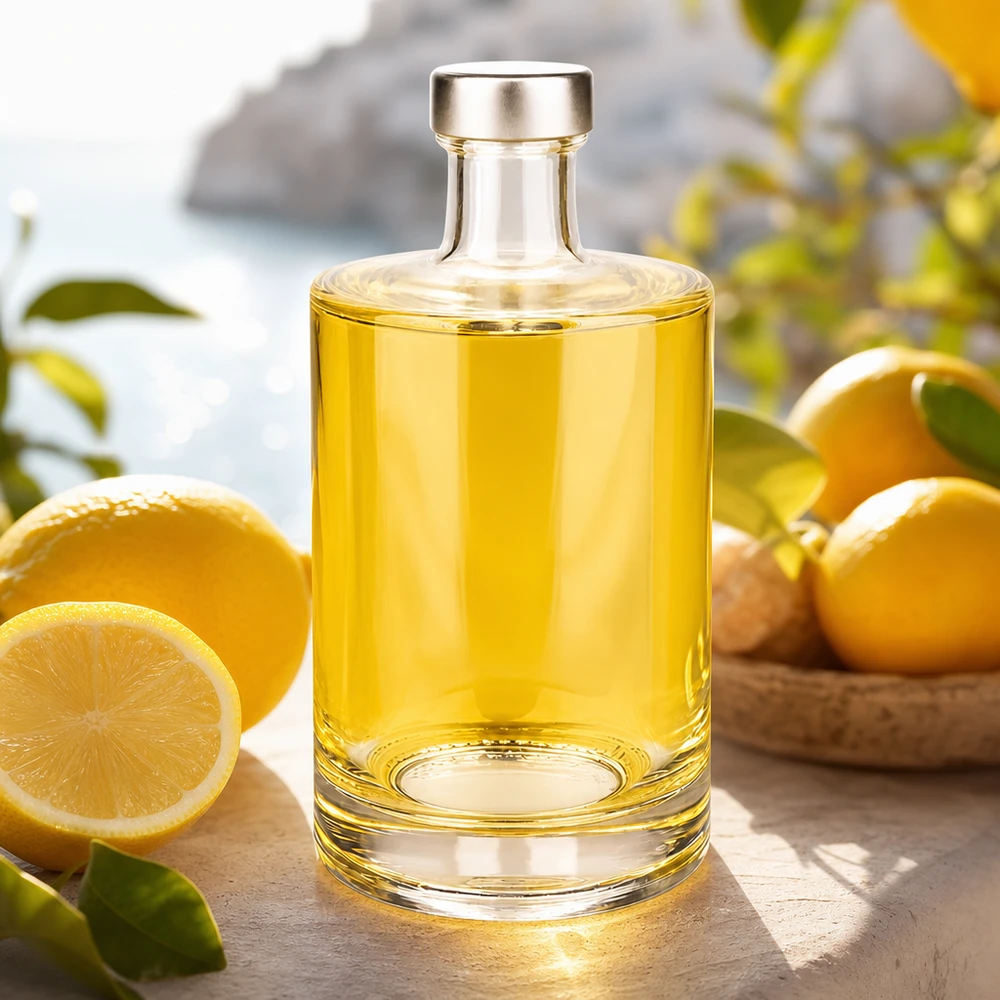 500ml Glasflasche "Sam" + Schraubverschluss silber UNiTWIST 500ml Glasflasche Sam gefüllt mit gelbem Inhalt zwischen Zitronen dekorativ arrangiert Lifestyle Aufnahme
