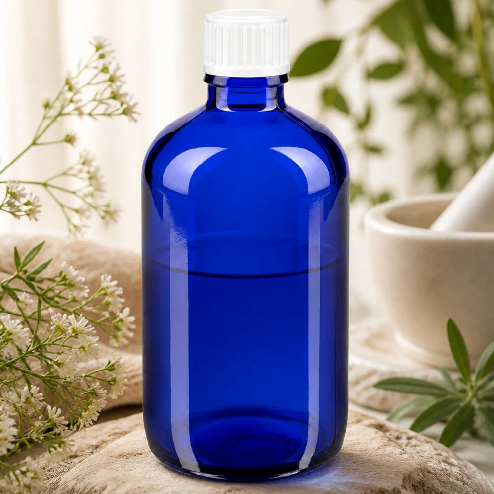 Apothekenflasche blau 100ml Schraubverschluss weiß Globuli Standard UV-Schutz Glasflasche blau 100ml Standard-Apothekerflasche mit weißem Kunststoffverschluss