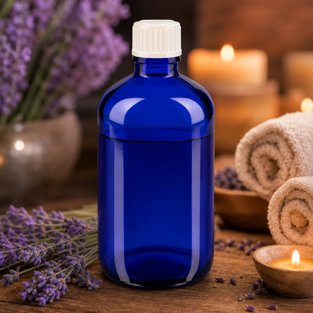 Apothekenflasche blau 100ml Schraubverschluss weiß Globuli Standard Elegante kobaltblaue Flasche 100ml GR Standard für Pharma Kosmetik und Aromatherapie