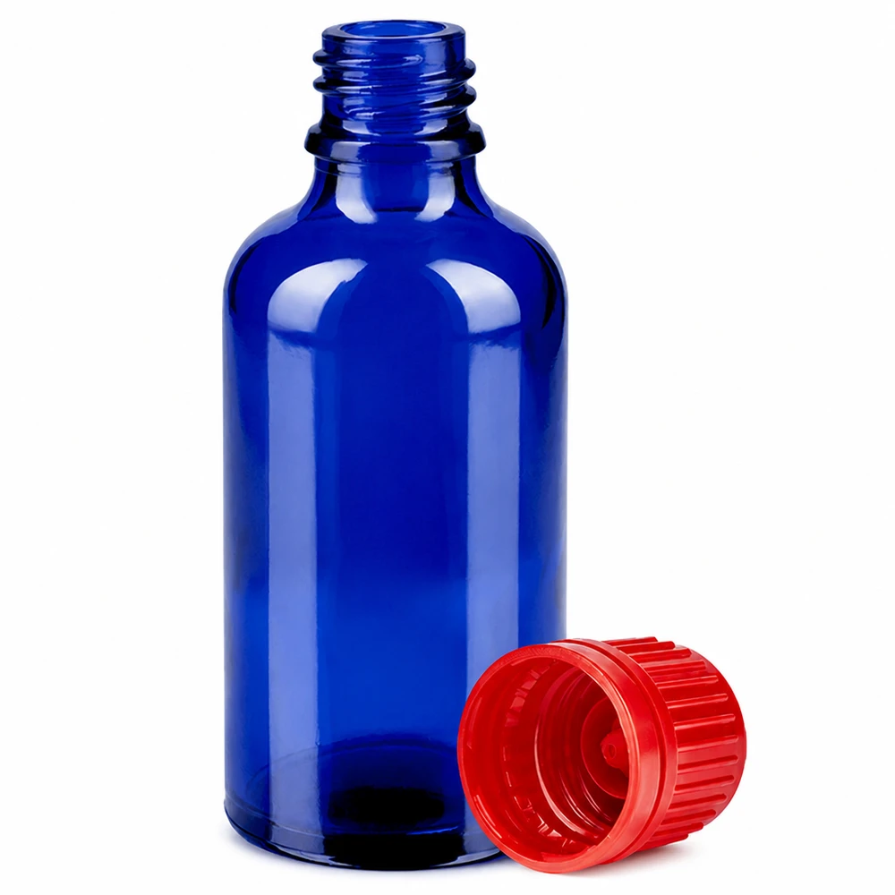 50ml Präzisionsflasche Glas blau mit rotem Schraubverschluss 11mm SV OV BlueLine
