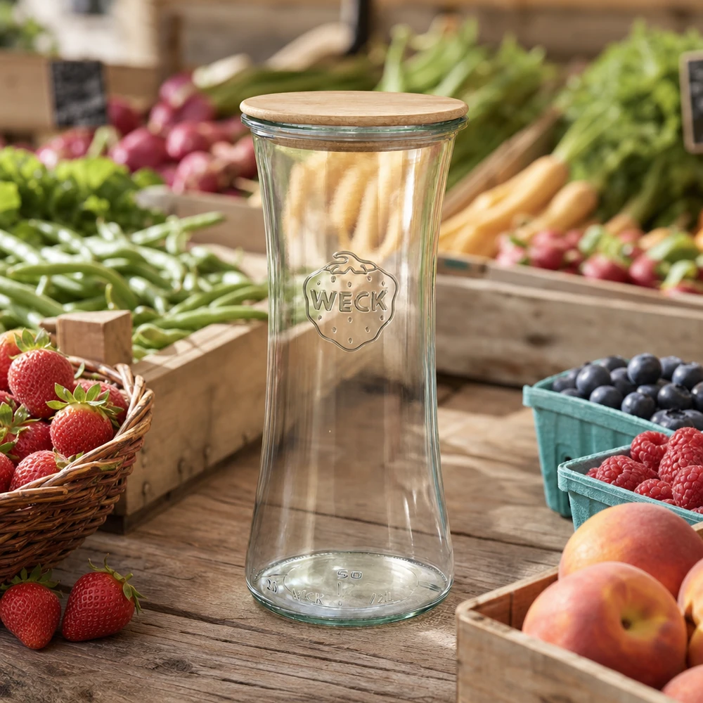 WECK Delikatessenglas 700ml RR80 mit Holzdeckel auf Wochenmarkt zwischen frischem Obst und Gemüse natürliche Umgebung