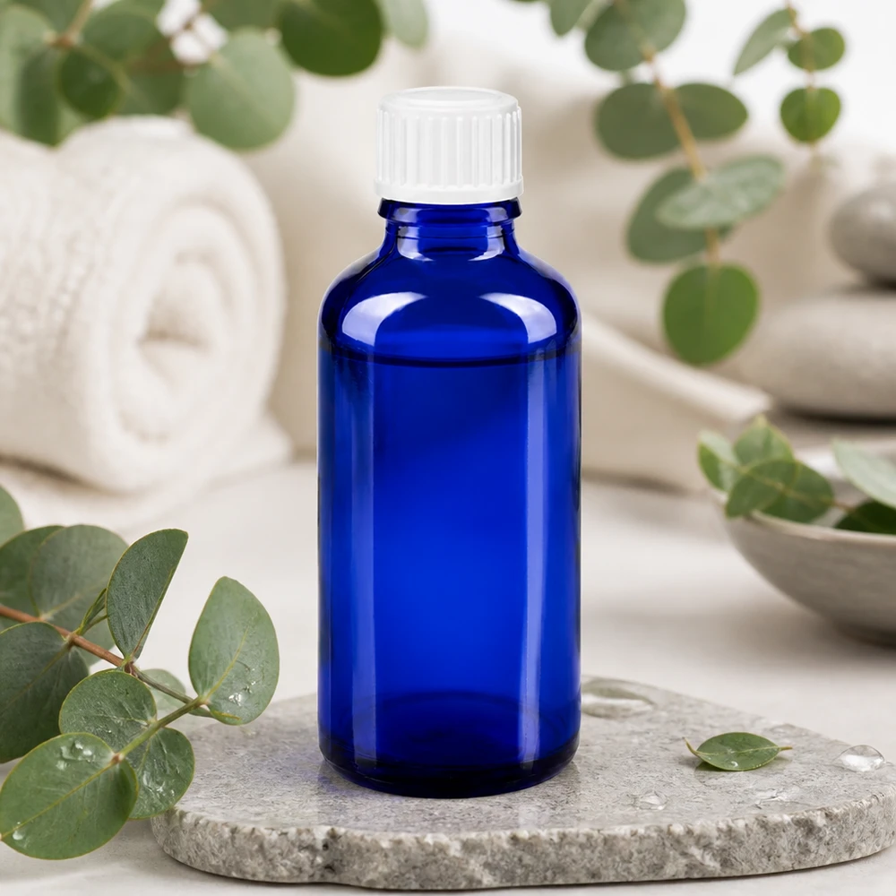 Apothekenflasche blau 50ml Schraubverschluss weiß Globuli Standard Hochwertige blaue Medizinflasche 50ml aus Apothekenglas lichtgeschützt für empfindliche Substanzen