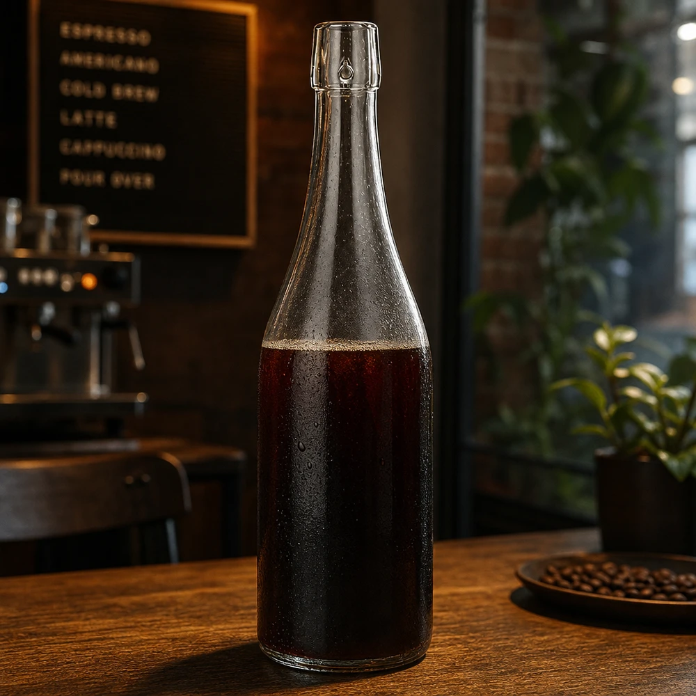 750ml Glasflasche ohne Bügelverschluss UNiTWIST® 750ml UNiTWIST Glasflasche mit Cold Brew Kaffee befüllt auf Holztisch in stylischer Café Atmosphäre Anwendung