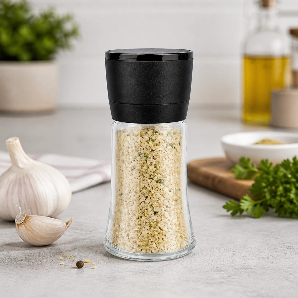 Kompakte Salzmühle 95ml schwarze Vario-Kappe mit Kräutersalzfüllung und Knoblauch im Hintergrund