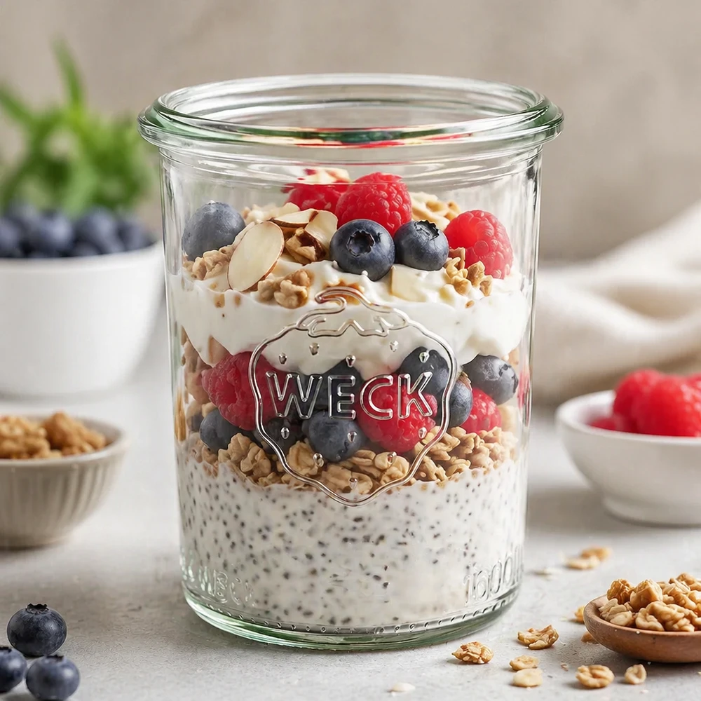 160ml Sturzglas WECK RR60 WECK Sturzglas 160ml RR60 mit Chia Pudding Beeren und Nüssen gefüllt als gesunde Frühstücksidee