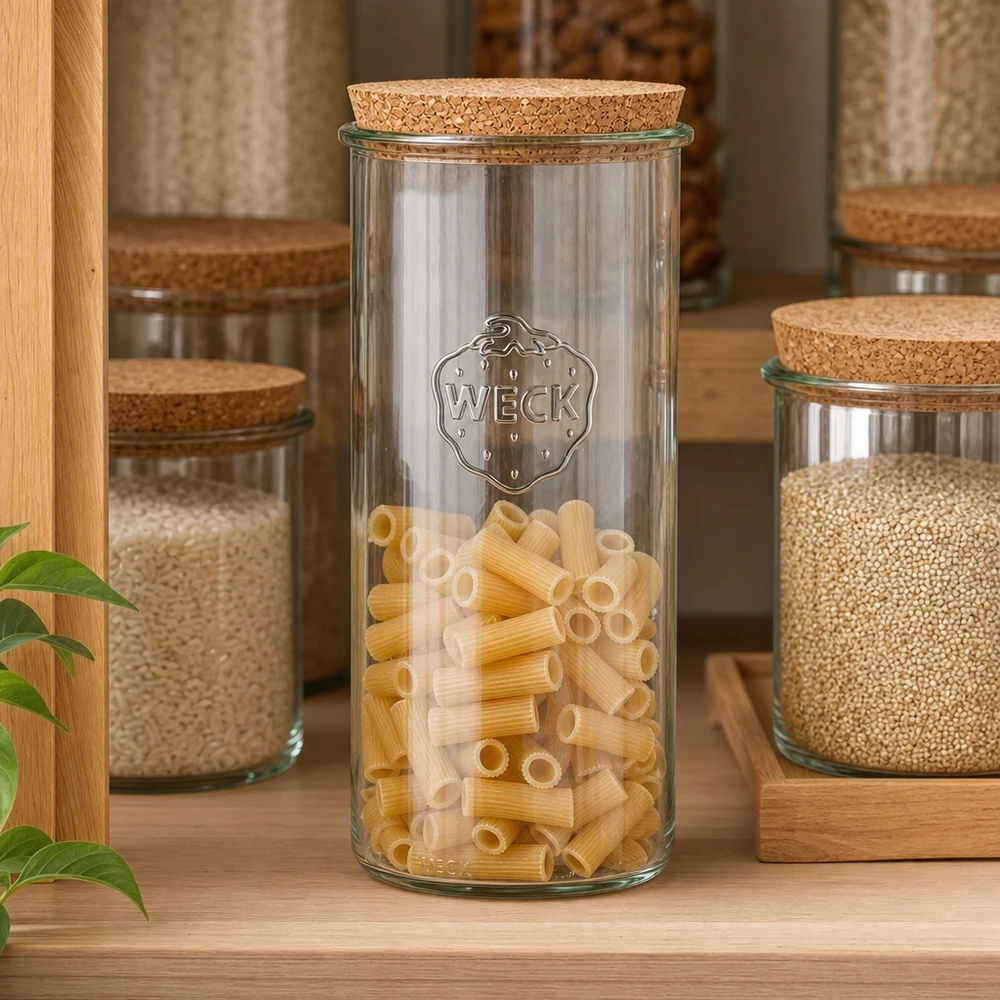 WECK Sturzglas 1500ml RR100 mit Pasta gefüllt Küchenregal Korken Deckel Pantry Organisation Vorratshaltung