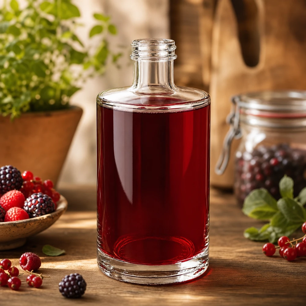 375ml Glasflasche "Sam" ohne Schraubverschluss UNiTWIST 375ml Glasflasche Sam mit rotem Beerensaft befüllt umgeben von frischen Himbeeren Brombeeren und Johannisbeeren