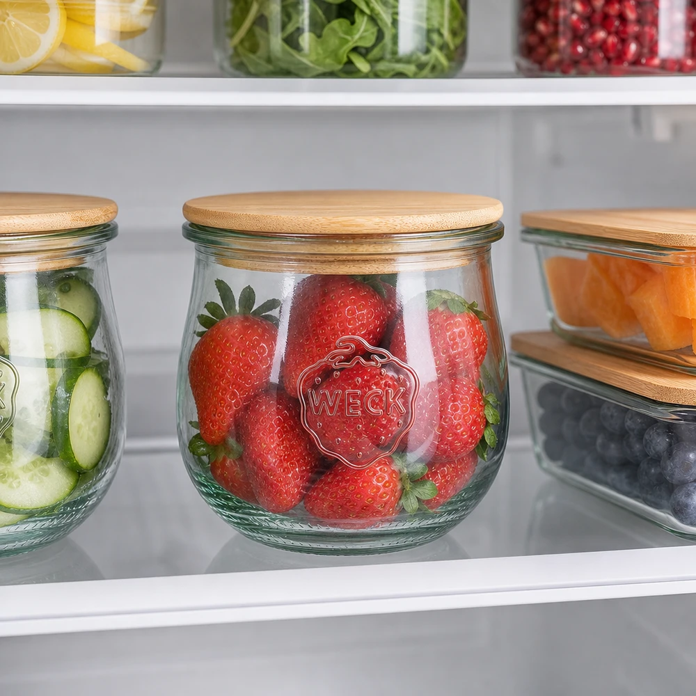 WECK Tulpenglas 370ml RR80 mit Holzdeckel zur Aufbewahrung von Erdbeeren und Gurken im Kühlschrank organisiert
