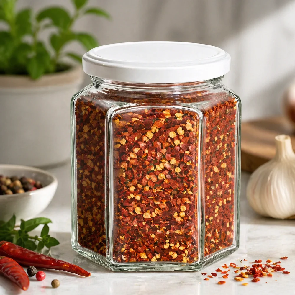 400g Honigglas sechseckig gefüllt mit Chili-Gewürzmischung zeigt vielseitige Verwendung für Küchengewürze