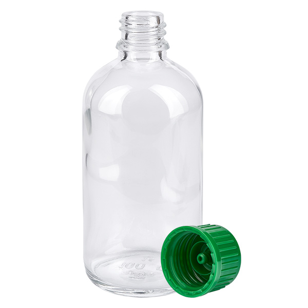 100ml Flasche 11mm Schraubverschluss grün Standard ClearLine UT18/100 Kleine zylindrische Klarglasflasche 100ml ClearLine mit grünem Verschluss STD SV