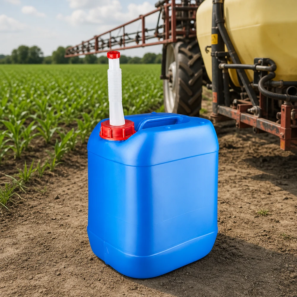 HDPE Kanister 20 Liter blau mit weißem Auslaufrohr für Dünger und Agrochemikalien