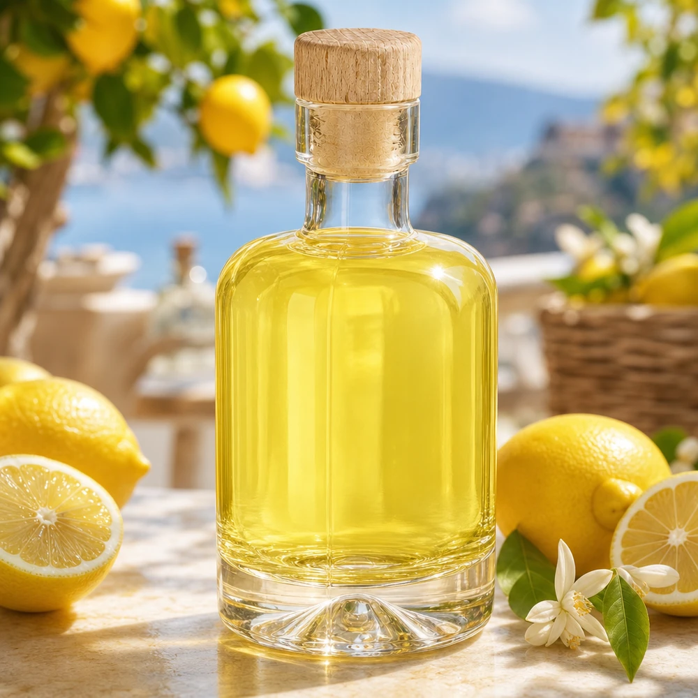 50ml Glasflasche Amelie gefüllt mit gelbem Likör zwischen Zitronen und Blüten mediterran dekoriert
