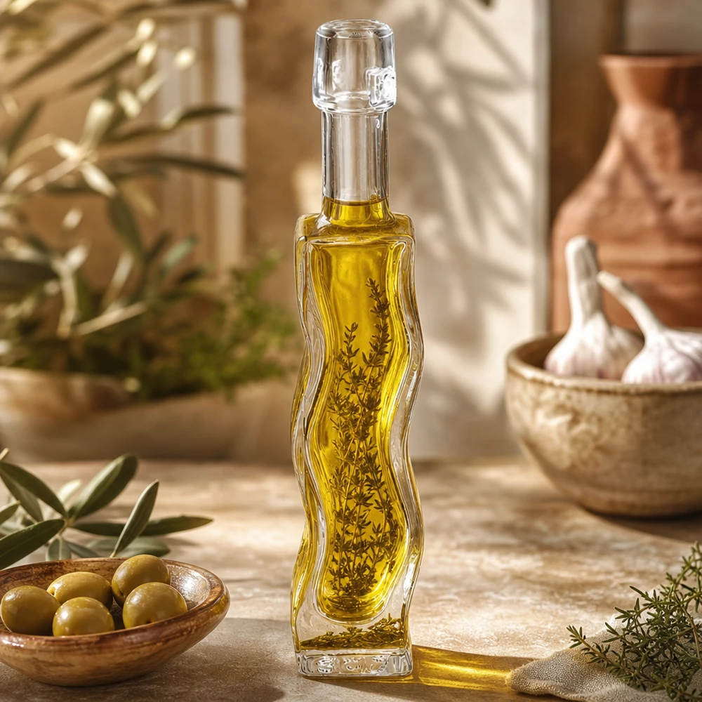 40ml Glasflasche Anna mit Olivenöl und Kräutern befüllt Anwendungsbeispiel Küche mediterrane Dekoration