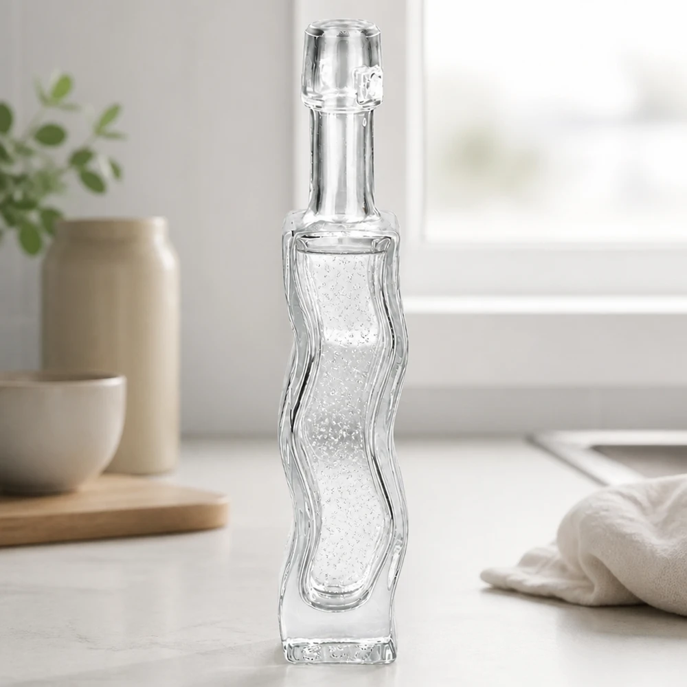 40ml Glasflasche "Anna" ohne Bügelverschluss UNiTWIST 40ml Glasflasche Anna mit welligem Reliefmuster ohne Bügelverschluss transparent leer Badezimmer-Ambiente Seitenansicht