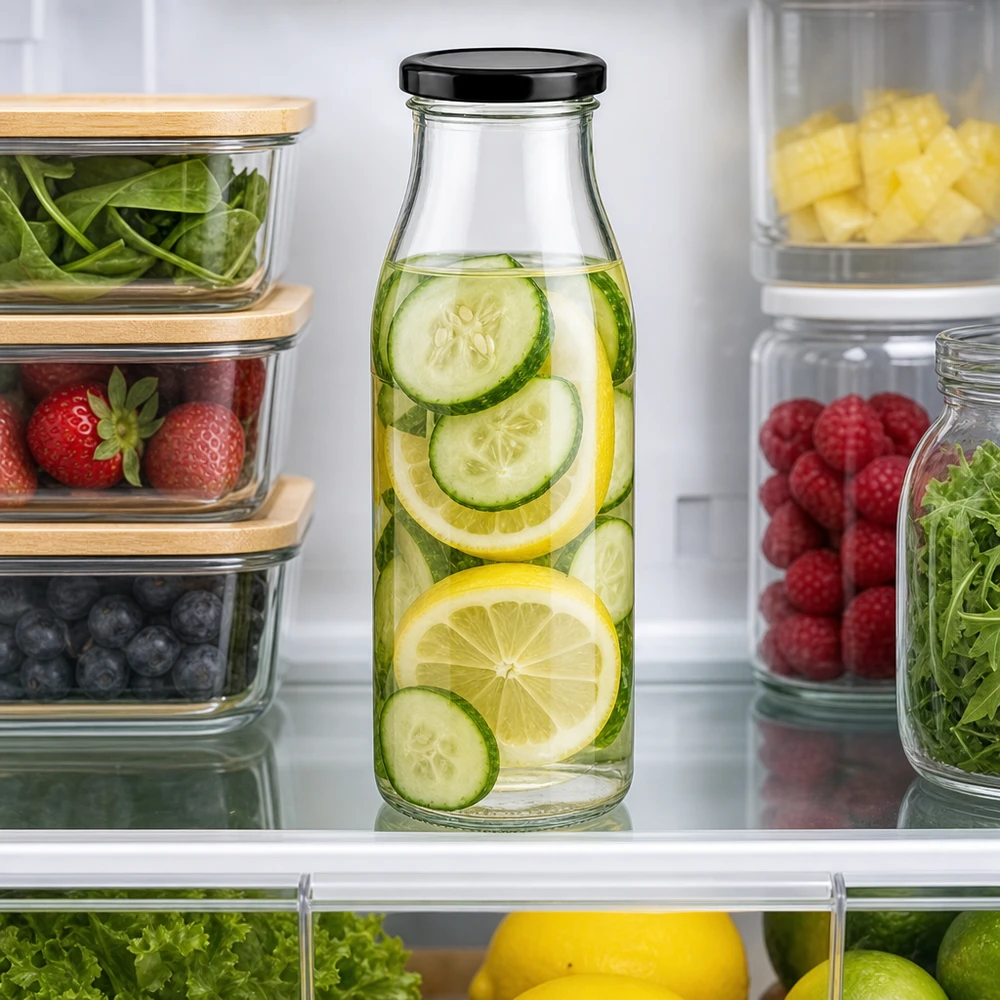 500ml Glasflasche mit Gurken-Zitronen-Wasser im Kühlschrank zwischen frischen Früchten und Gemüse