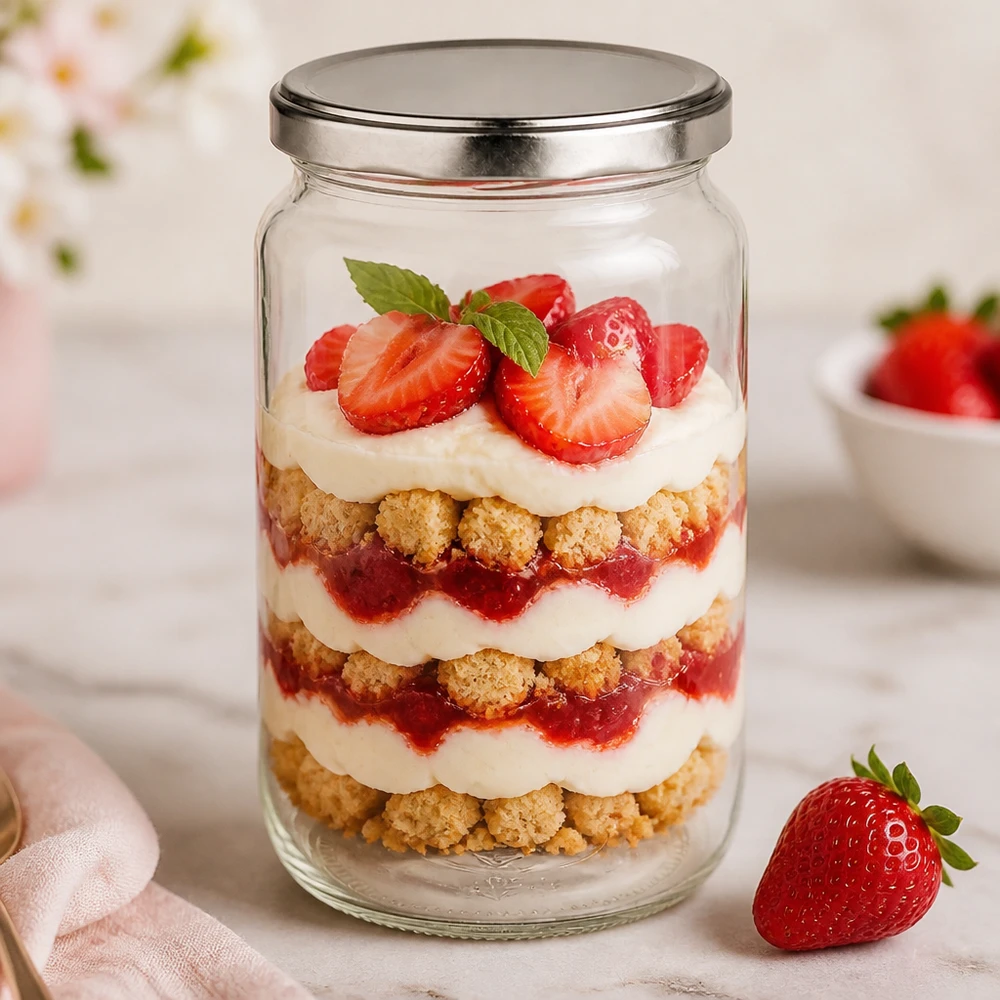 795ml Rundglas mit BasicSeal Deckel als Dessertglas für Erdbeer-Trifle mit Sahne und Kekskrümeln
