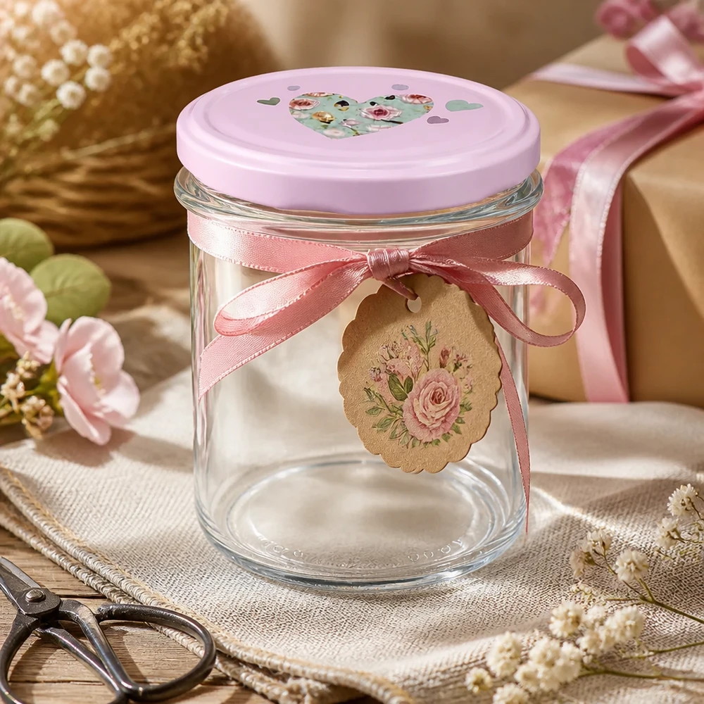 350ml Sturzglas rosa Herzdeckel dekoriert Geschenkband Blumen DIY Basteln Dekoration Einmachglas