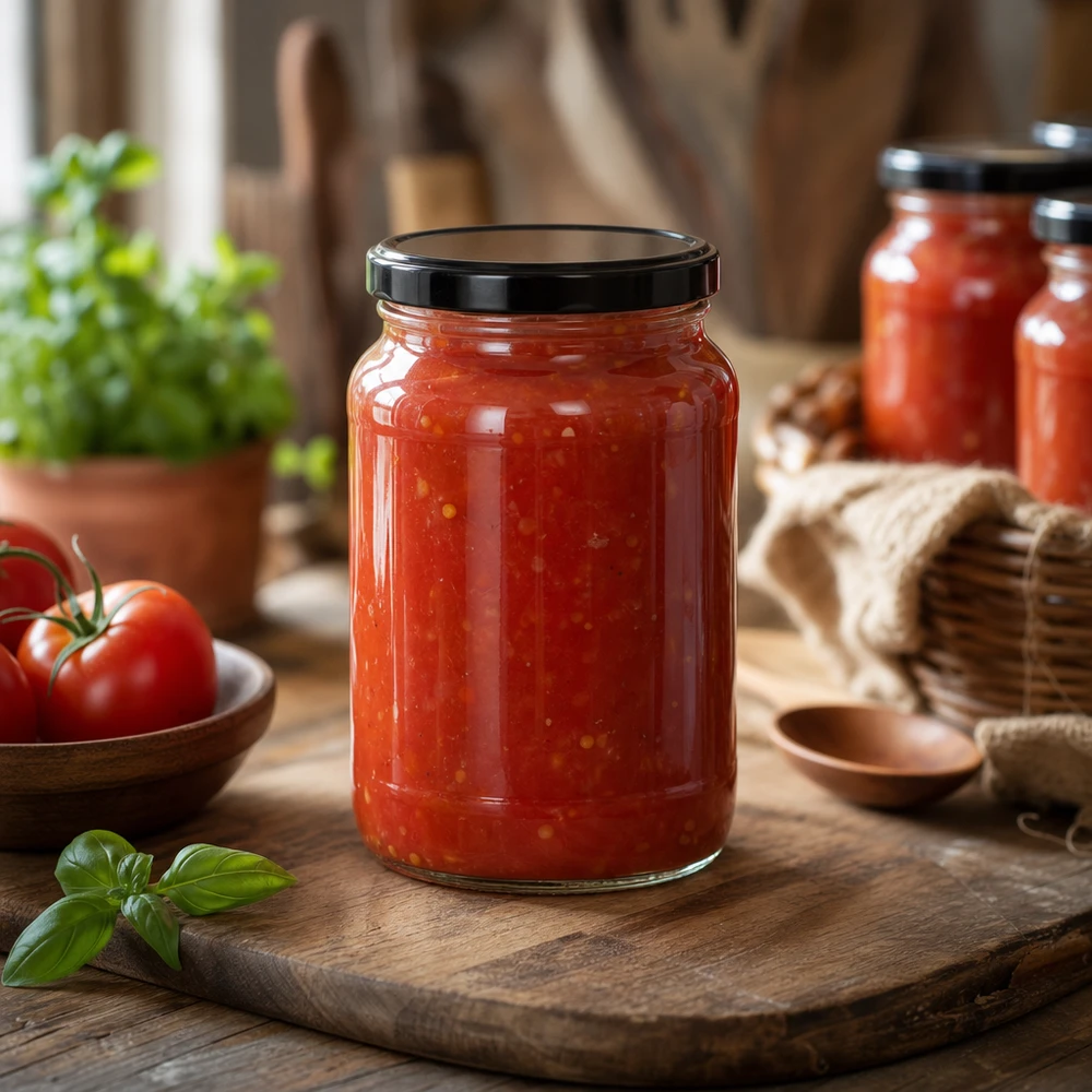 Tomatensauce in 1700ml Rundglas schwarzer BasicSeal Deckel Holzbrett Küche rustikale Atmosphäre Konservenglas