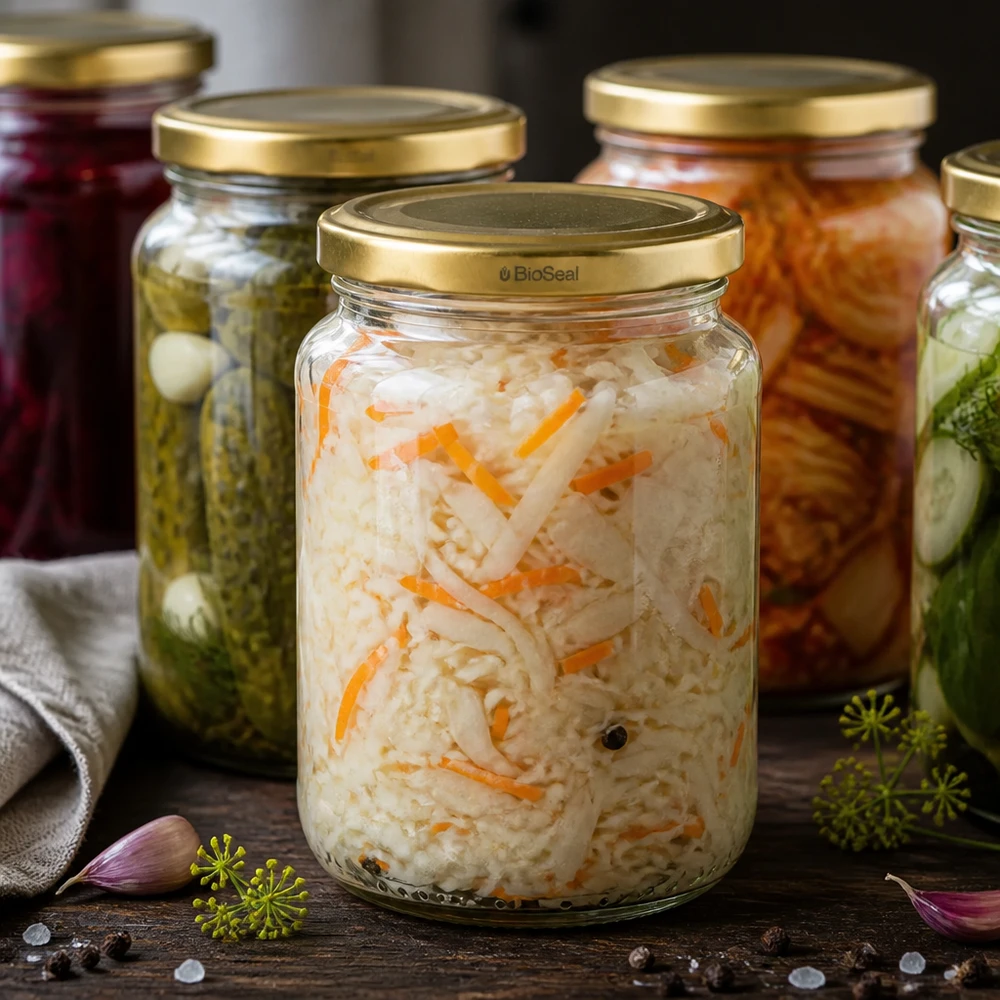 UNiTWIST Runda382 mit goldenem Deckel TO66 BioSeal UNiTWIST Runda382 Glas gefüllt mit eingelegtem Gemüse, goldener TO66 BioSeal Deckel, Fermentation und Einkochen