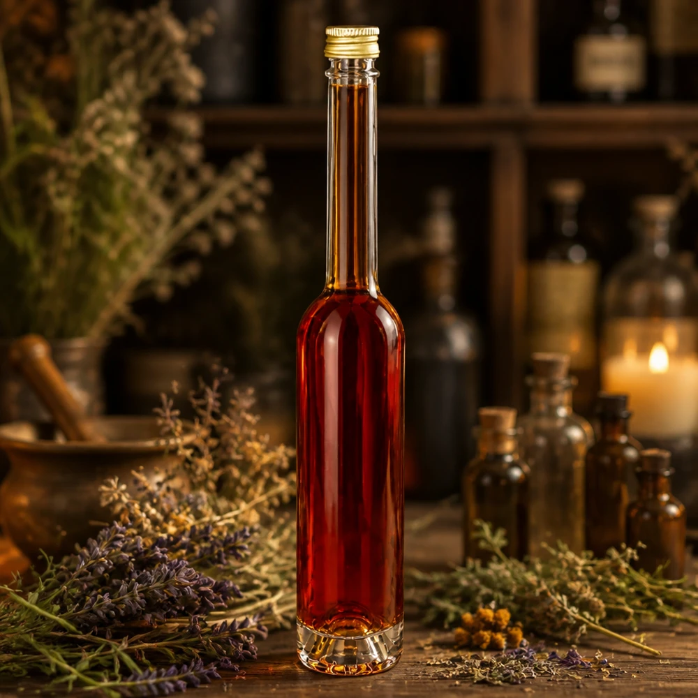 100ml Glasflasche Toni gefüllt mit roter Flüssigkeit in Kräuter-Ambiente - goldener UNiTWIST Verschluss