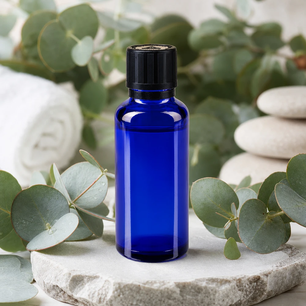 Apothekenflasche blau 30ml Tropfer Giessring 1mm schwarz Kindersicherung Blindenwarnsymbol Originalitätsverschluss Kleine blaue Medizinflasche 30ml mit schwarzem Tropfverschluss im natürlichen Spa-Setting