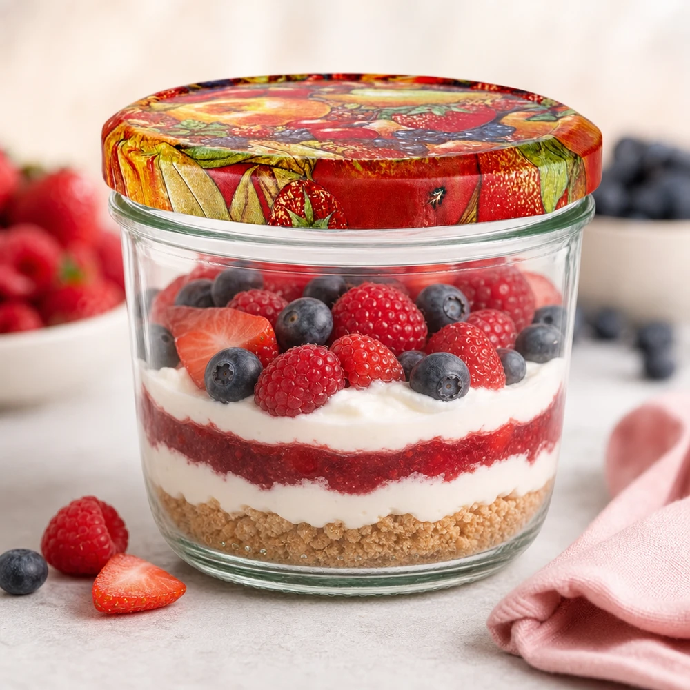 230ml Sturzglas + BasicSeal Deckel Obst-Dekor UNiTWIST 230ml Sturzglas mit BasicSeal Obstdekor-Deckel gefüllt mit Schichtdessert aus Beeren, Creme und Keksboden