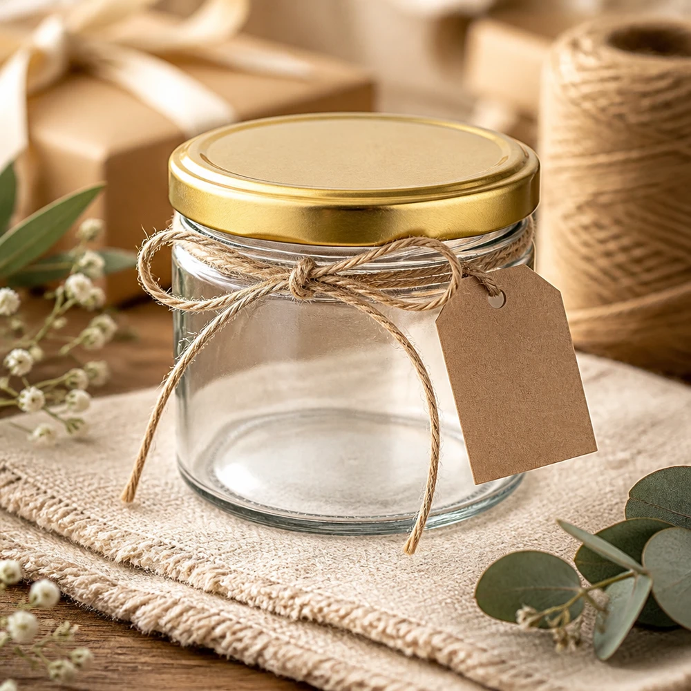 540ml Rundglas mit BasicSeal Deckel gold UNiTWIST 540ml Rundglas mit BasicSeal Deckel gold leer dekoriert mit Juteschleife Geschenkanhänger rustikales Ambiente