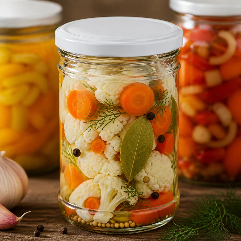 1053ml Sturzglas mit BasicSeal Deckel weiß UNiTWIST 1053ml Sturzglas gefüllt mit eingelegtem Gemüse Karotten Blumenkohl Dill zeigt praktische Verwendung als Einmachglas