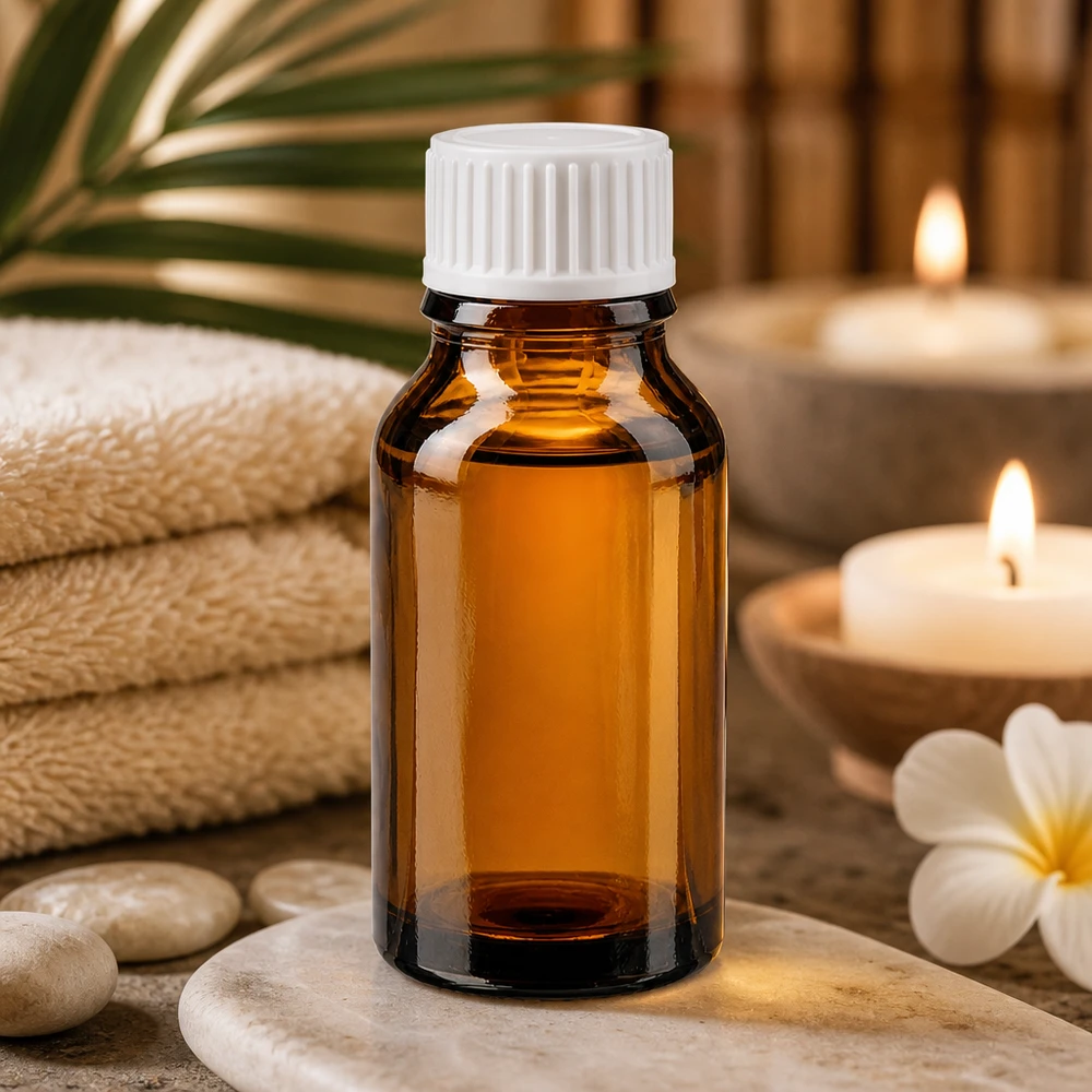 Apothekenflasche braun 15ml Schraubverschluss weiß Standard Braune Tropfflasche 15ml mit weißem Schraubverschluss auf Marmor mit Kerzen und Bambushintergrund