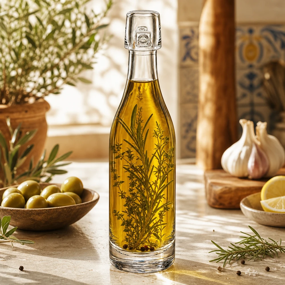 50ml Glasflasche ohne Bügelverschluss UNiTWIST® 50ml Glasflasche UNiTWIST mit Olivenöl und Kräutern befüllt mediterrane Küche Oliven Knoblauch Rosmarin Dekoration